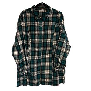 Joan RIvers Flannel Shirt Size 26W Peplum Green Long Sleeve Button Cuff Plaid NE